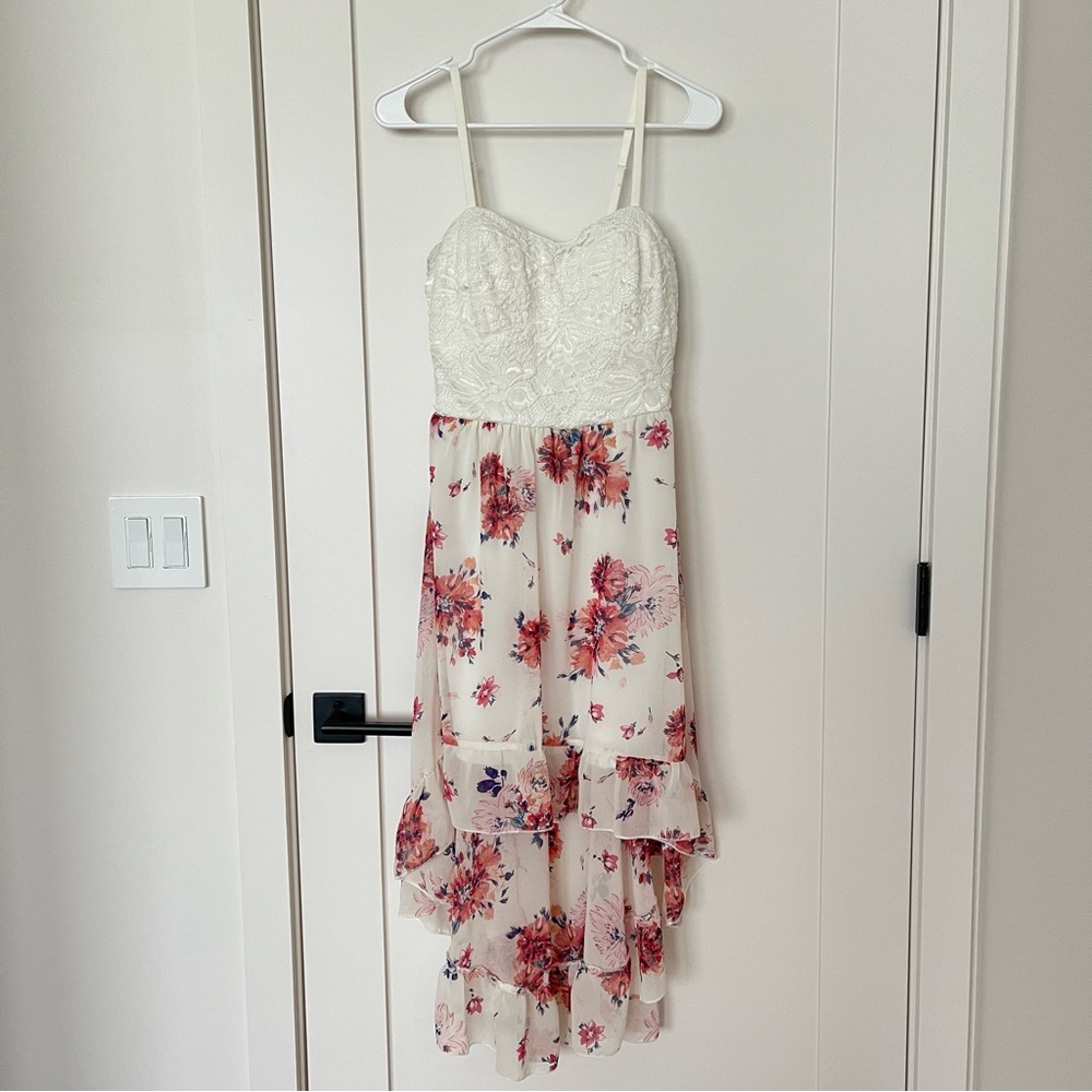 AUW White and Pink Floral Asymmetrical Dress